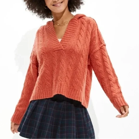 NWT American Eagle Oversized Cropped V-Neck Hooded Sweater - Picture 1 of 11